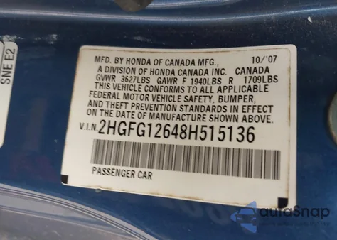 2008 Honda Civic Lx из США, поврежденный, VIN 2HGFG12648H515136